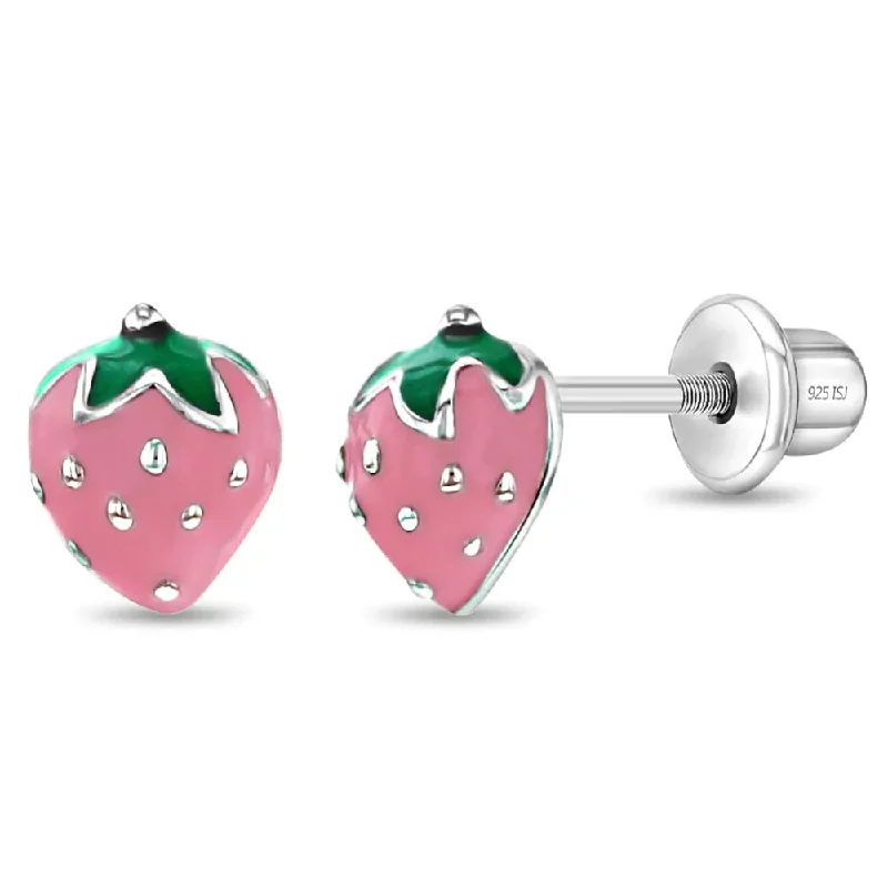 Drop Earrings for Concert Look -Children's Sterling Silver Enamel Strawberry Stud Earrings- Pink