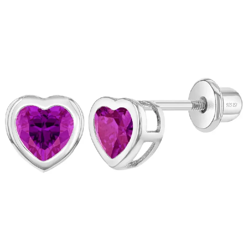 Heavy Duty Drop Earrings for Durability -Children's Sterling Silver Hot Pink CZ Heart Stud Earrings