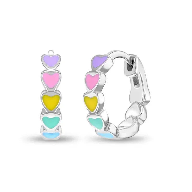 Drop Earrings with Symbolic Elements -Children's Sterling Silver & Multicolor Enamel Heart Huggie Hoop Earrings