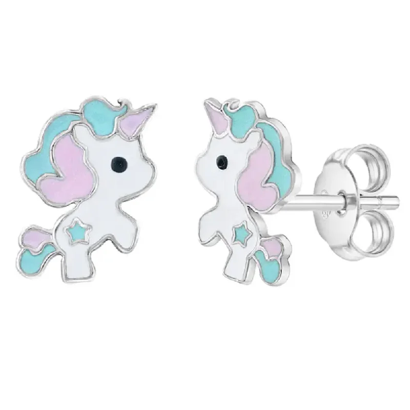 Drop Earrings for Prom Night -Children's Sterling Silver & Pastel Enamel Unicorn Stud Earrings