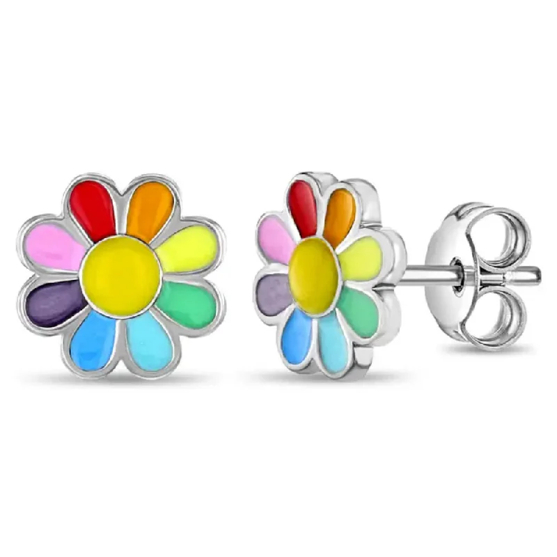 Drop Earrings with Animal Motifs -Children's Sterling Silver Rainbow Enamel Daisy Stud Earrings