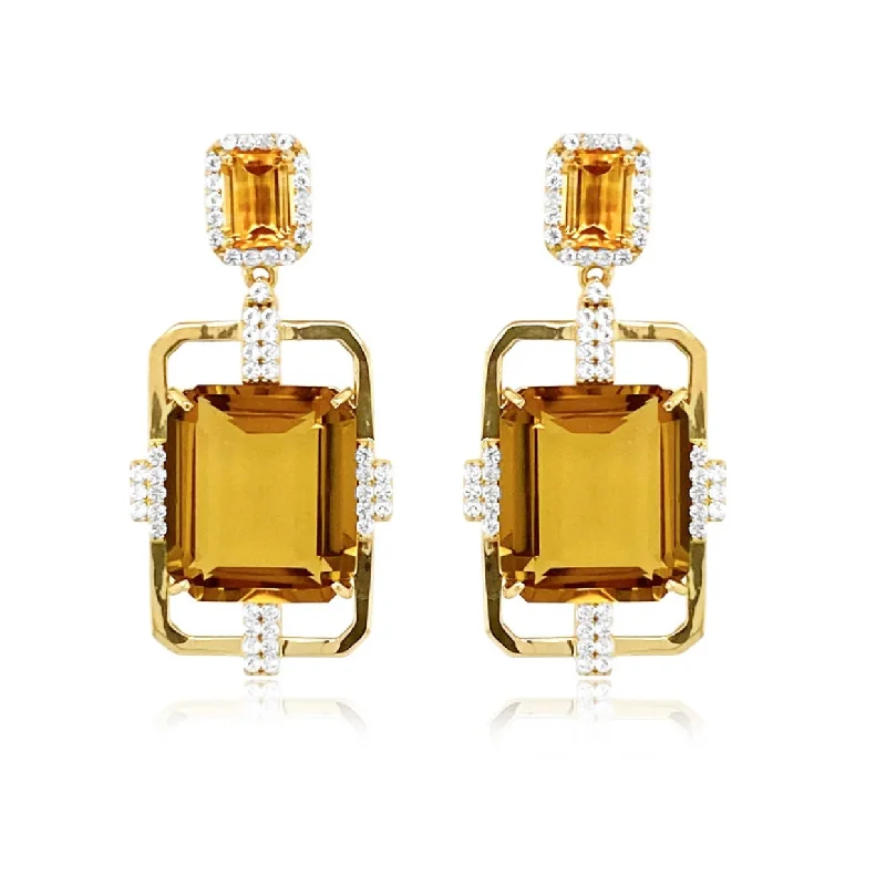 Drop Earrings with Leaf Motifs -Citrine & White Topaz Earrings