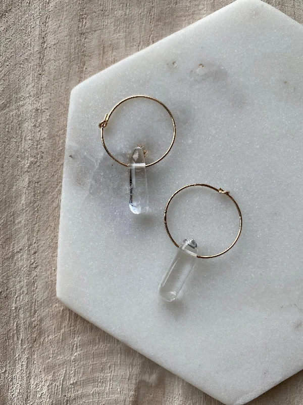 Nickel Free Drop Earrings for Safety -CLEAR THE MIND - Quartz Drop Hoop Earrings