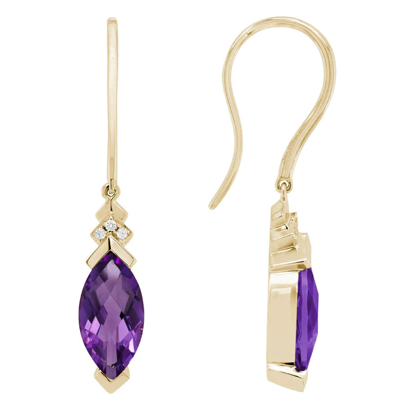 Crystal Drop Earrings for Sparkle -14K Yellow Gold Amethyst and Diamond Wire Earrings