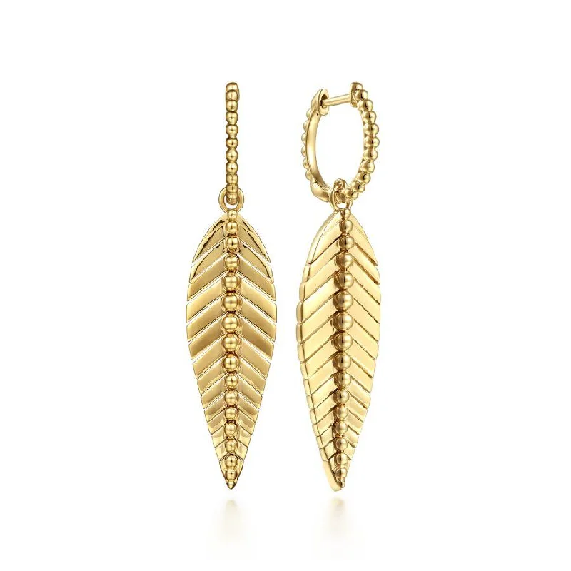 Triangular Drop Earrings for Edge -14K Yellow Plain Gold Huggie Drop Leaf Earrings