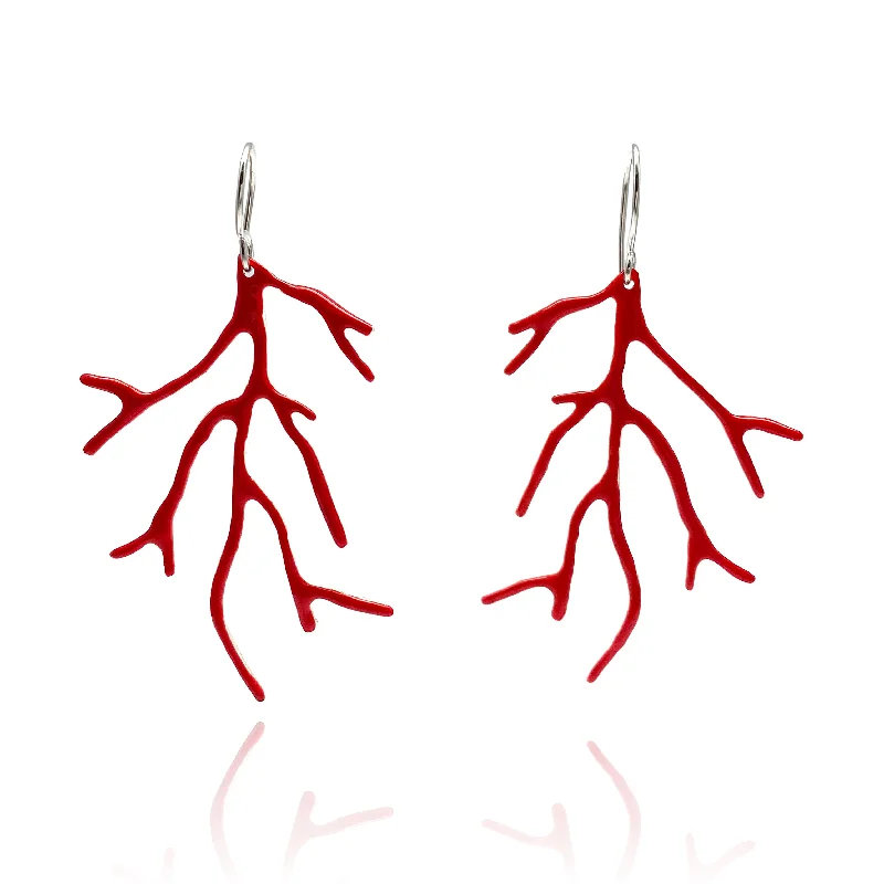 Drop Earrings for Graduation Day -Enamel Coral Earrings - Red