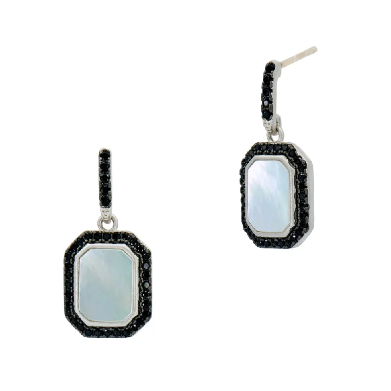 Drop Earrings for Work Attire -Freida Rothman Cobblestone Drop Earrings SS Rect MOP w/ Black Spinel Outline