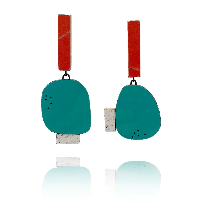 Push Back Drop Earrings for Convenience -Geometric Earrings - Coral and Teal