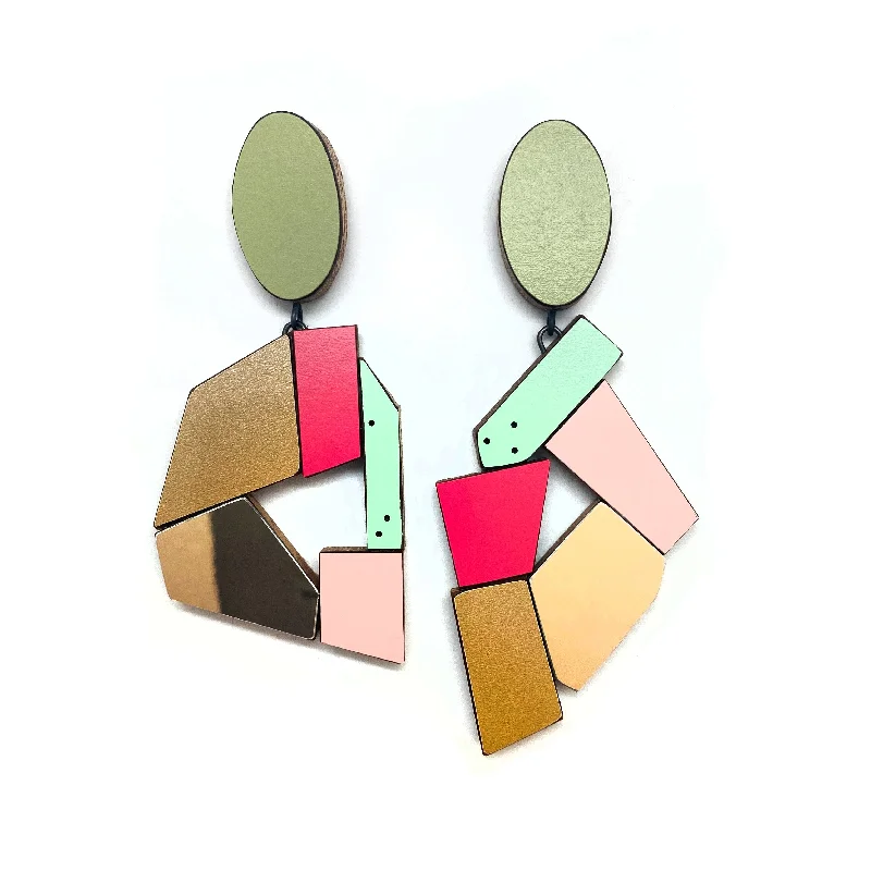 Square Drop Earrings for Modern -Geometric Earrings -Gold/Fuchsia