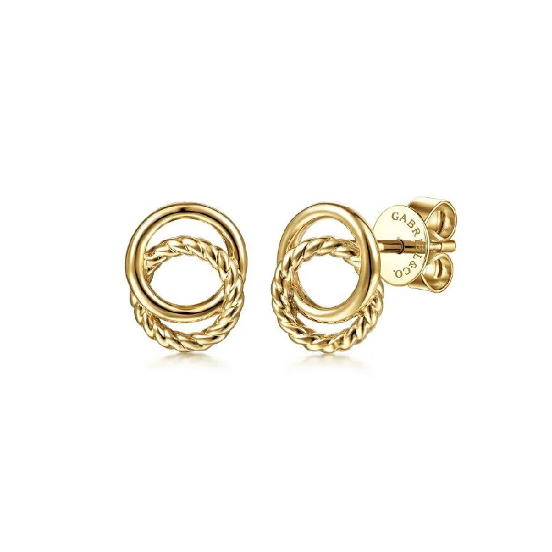 Floral Drop Earrings with Petals -14K Yellow Gold Twisted Rope Double Circle Stud Earrings