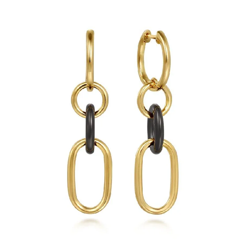 Large Drop Earrings for Statement -14K Yellow Gold Hollow Tube and Black Oval Ceramic Link Huggie Drop Earrings