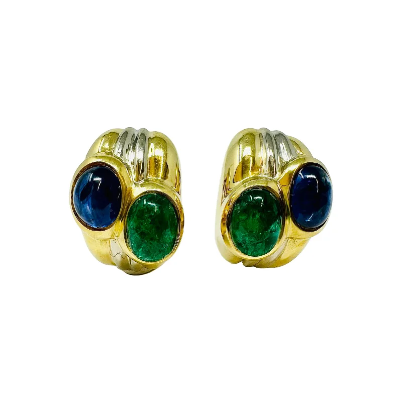 Hypoallergenic Drop Earrings for Sensitive -Giovane 18K Yellow and White Gold Ribbed Earrings with Emerald and Sapphire