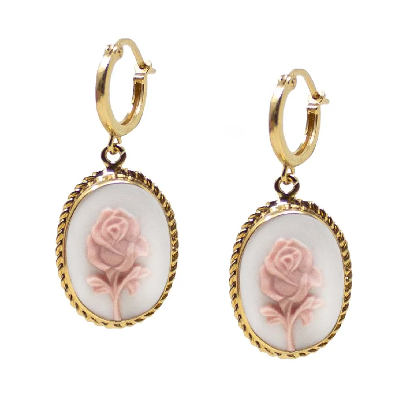 Drop Earrings with Floral Motifs -Gold-Plated White Rose Cameo Hoop Earrings