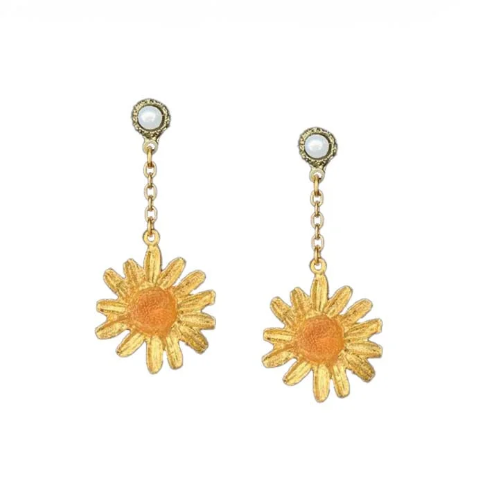 Push Back Drop Earrings for Convenience -Golden Buttery Daisy Pearl Earrings