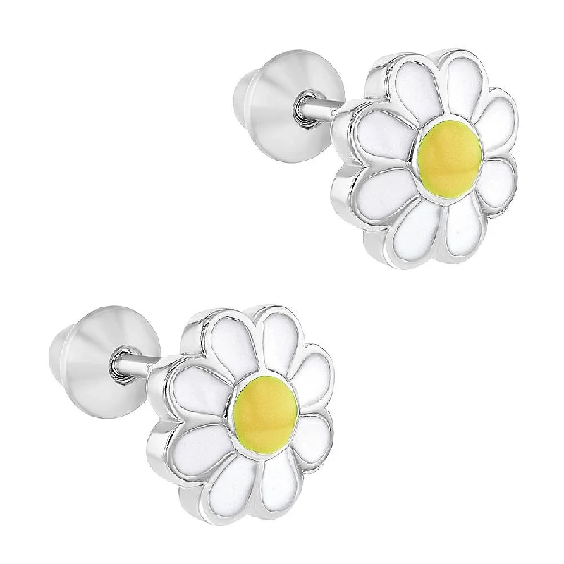 Drop Earrings for Work Attire -Children's Sterling Silver Enamel Daisy Screw Back Earrings