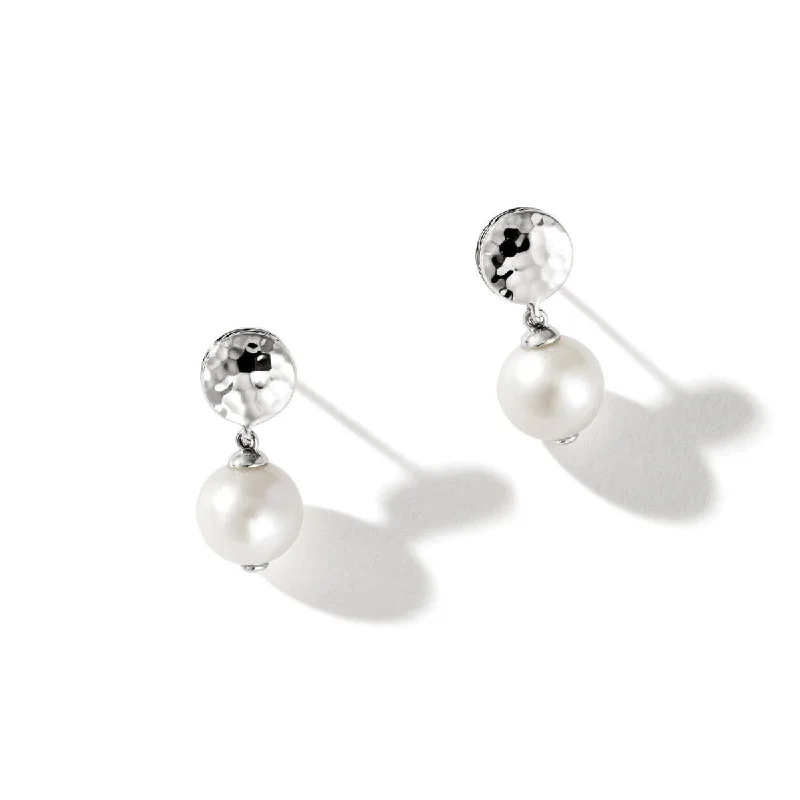 Drop Earrings with Floral Motifs -John Hardy Classic Chain Collection Cultured Freshwater Pearl Hammered Earrings in Sterling Silver (9mm pearls)