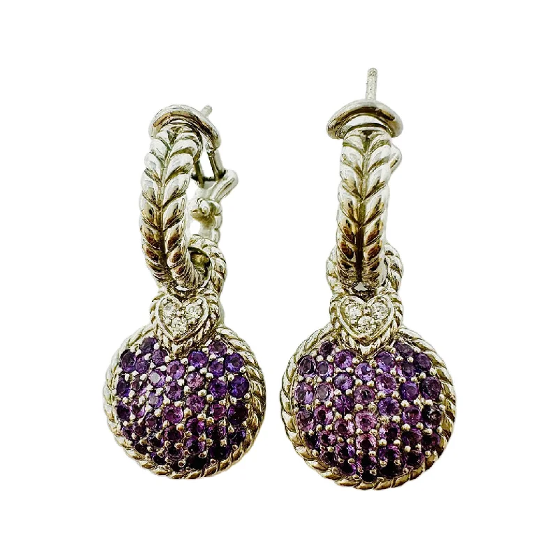 Screw Back Drop Earrings for Security -Judith Ripka Round Drop Earrings with Clear and Purple CZ