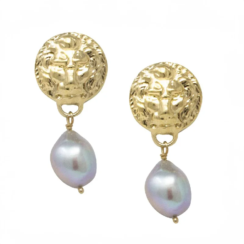 Drop Earrings for Office Wear -Lion Coin Pearl Earrings