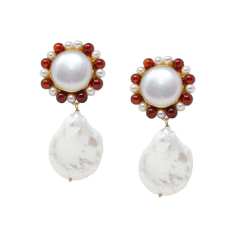 Drop Earrings with Abstract Designs -Lotus Gold-Plated Pearl And Carnelian Earrings