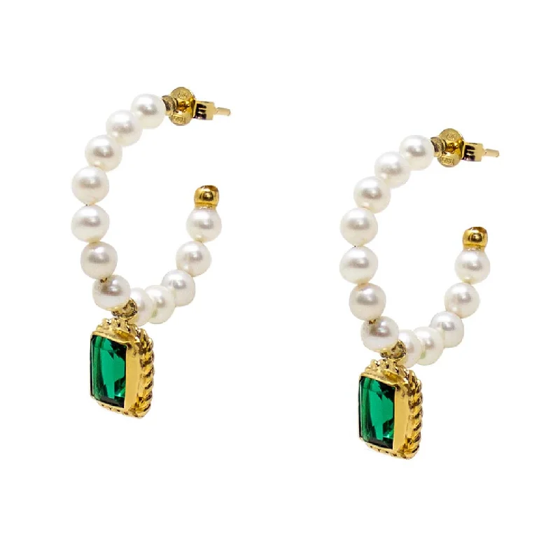 Drop Earrings with Symbolic Elements -Luccichio Green Quartz And Pearl Hoop Earrings