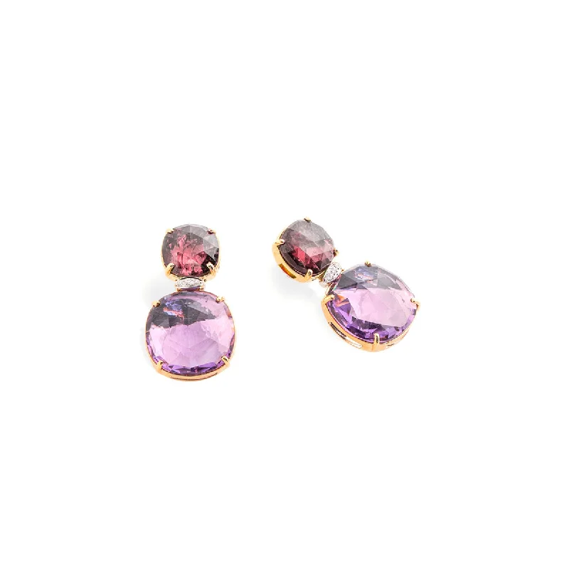 Gold Drop Earrings for Women -Marco Bicego Jaipur Color Pink Tourmaline and Amethyst Drop Earrings with Diamonds