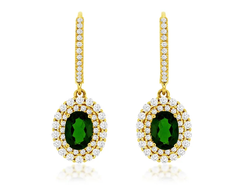 Drop Earrings with Crown Designs -14K Yellow Gold Emerald and Diamond Earrings