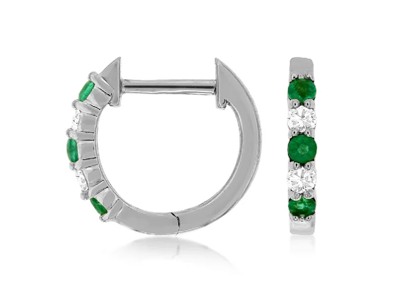 Tarnish Resistant Drop Earrings for Longevity -14K White Gold Emerald and Diamond Huggie Earrings