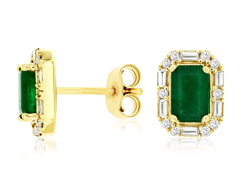 Drop Earrings for Party Look -14K Yellow Gold Emerald and Diamond Stud Earrings