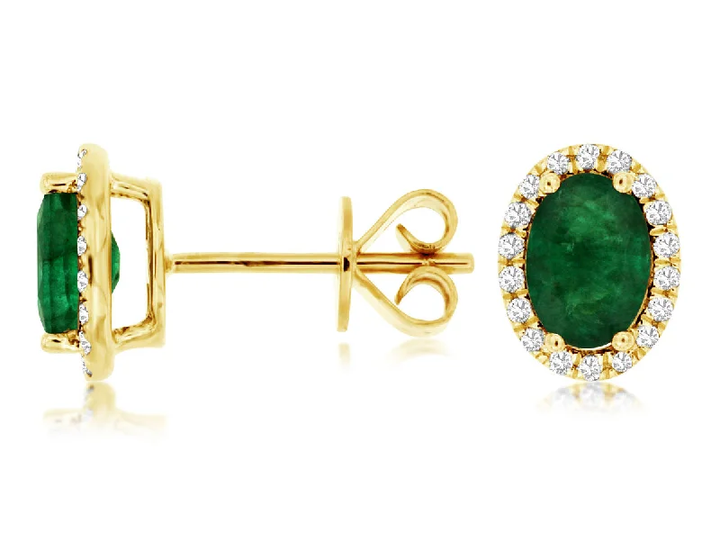 Studded Drop Earrings with Gemstones -14K Yellow Gold Emerald and Diamond Stud Earrings