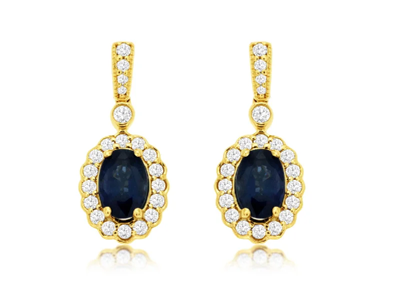 Leverback Drop Earrings for Comfort -14K Yellow Gold Sapphire and Diamond Dangle Earrings