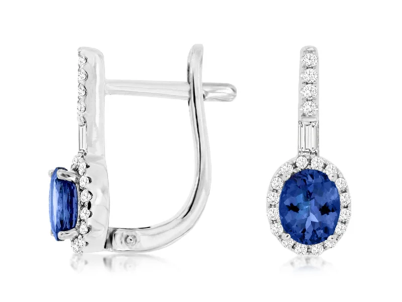 Magnetic Closure Drop Earrings for Easy -14K White Gold Tanzanite and Diamond Earrings