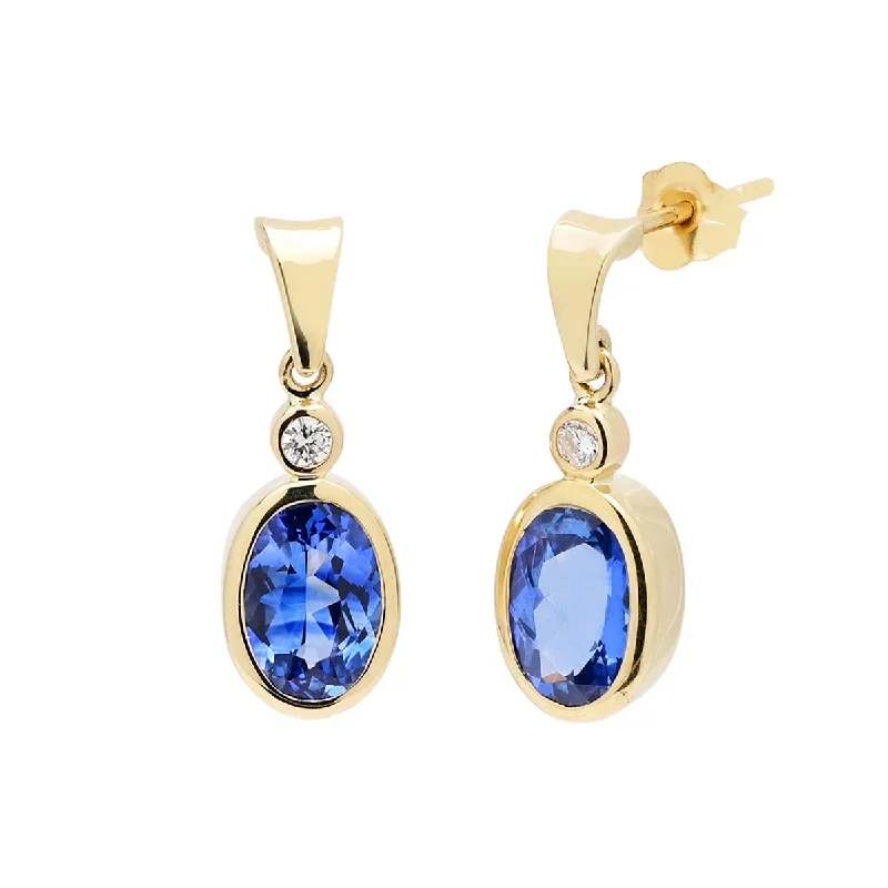 Drop Earrings for Bridesmaids Look -Oval Ceylon Sapphire Bezel Drop Earrings in 14kt Yellow Gold with Diamonds (1/20ct tw)