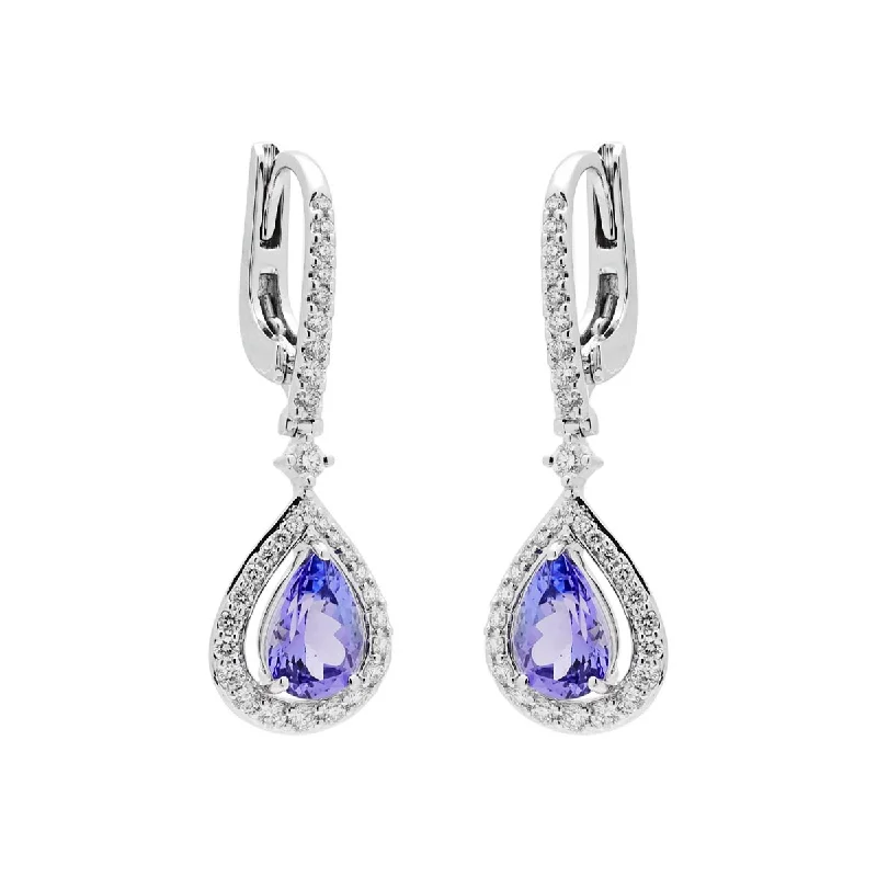 Drop Earrings for Wedding Ceremony -Pear Shape Tanzanite Drop Earrings in 14kt White Gold with Diamonds (7/8ct tw)