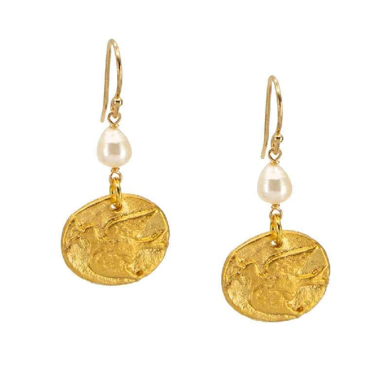 Drop Earrings with Enamel Coating -Pearl Dove Medallion Earrings