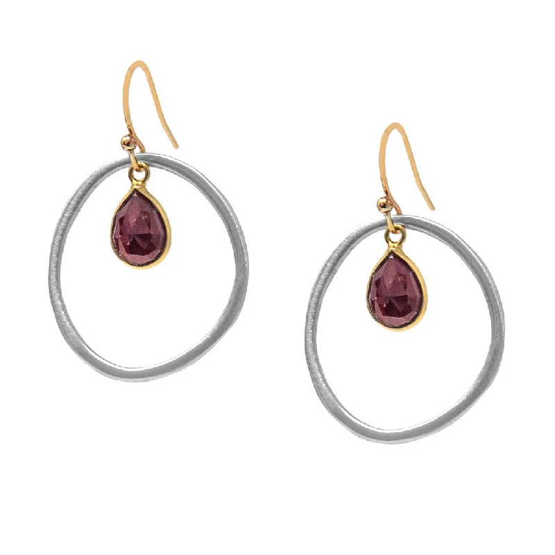 Drop Earrings with Symbolic Elements -Sterling Silver Circle Garnet Drop Earrings