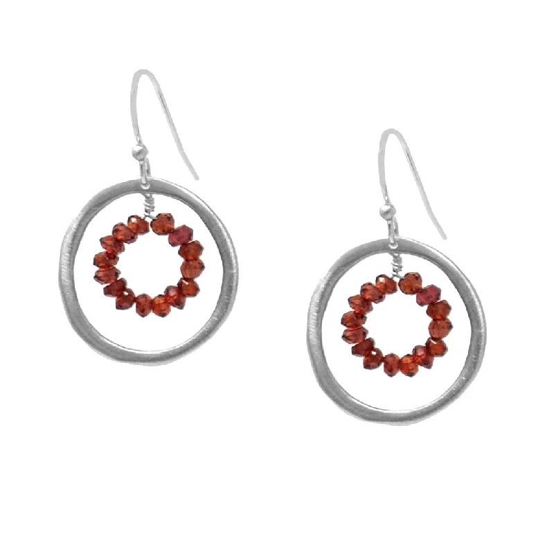 Drop Earrings with Abstract Designs -Sterling Silver Circle Garnet Earrings