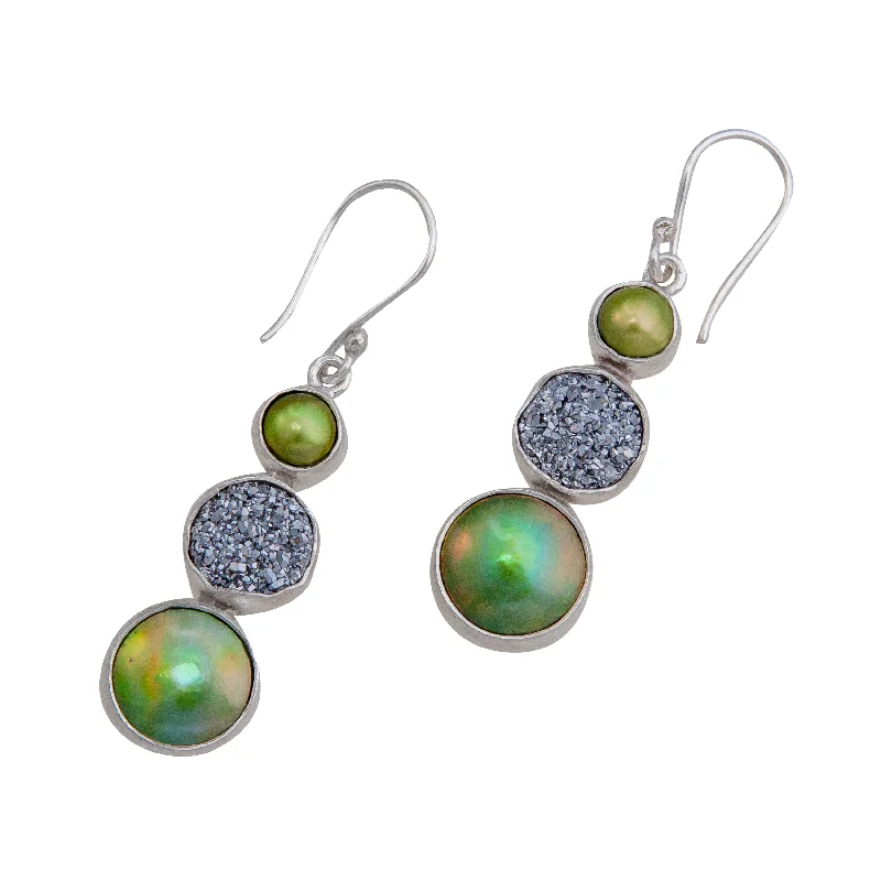 Gothic Drop Earrings with Dark Tone -Sterling Silver Green Pearl & Platinum Druzy Drop Earrings