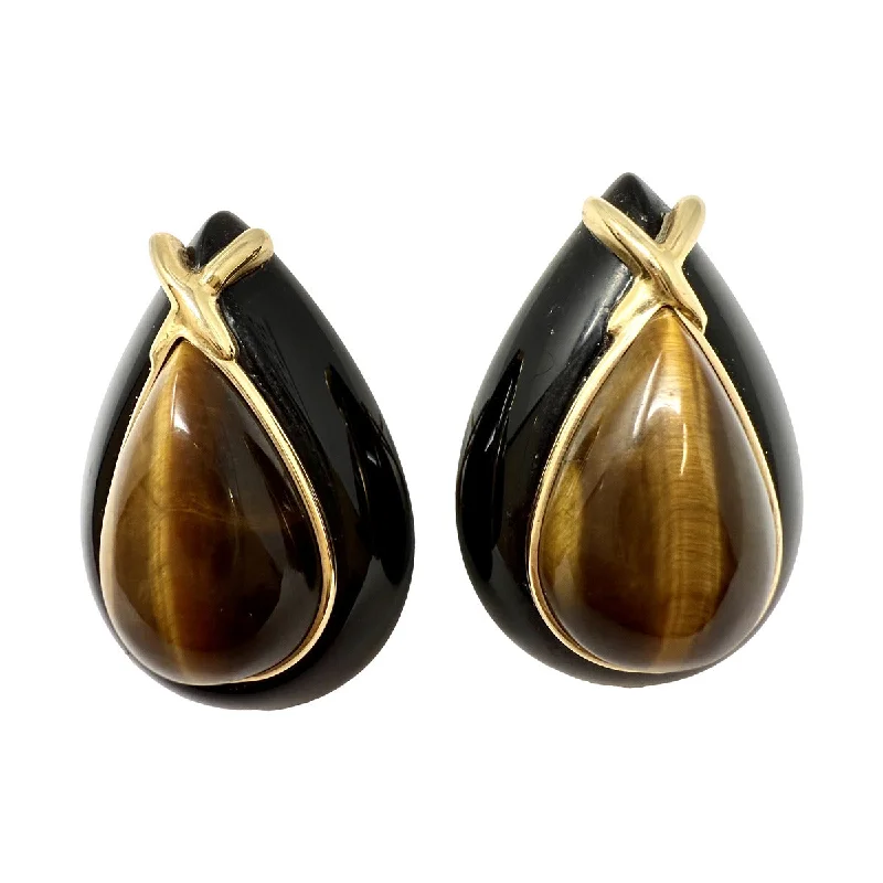 Drop Earrings for Wellness Routine -Teardrop Shaped Onyx Earrings with Tiger Eye and 14K Gold Accent