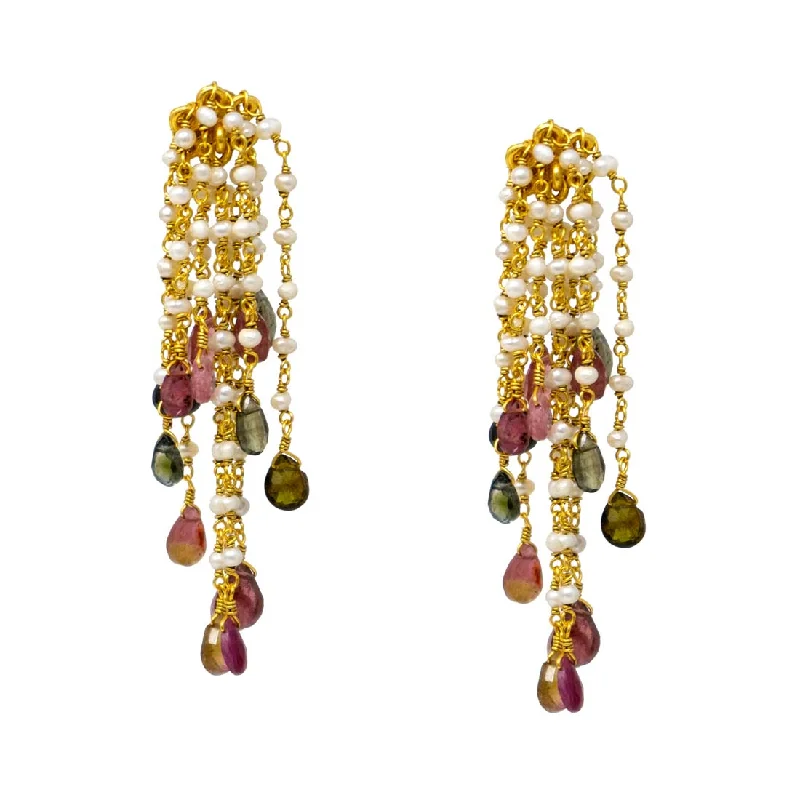 Gemstone and Diamond Drop Earrings for Opulence -Tourmaline & Pearl Waterfall Earrings