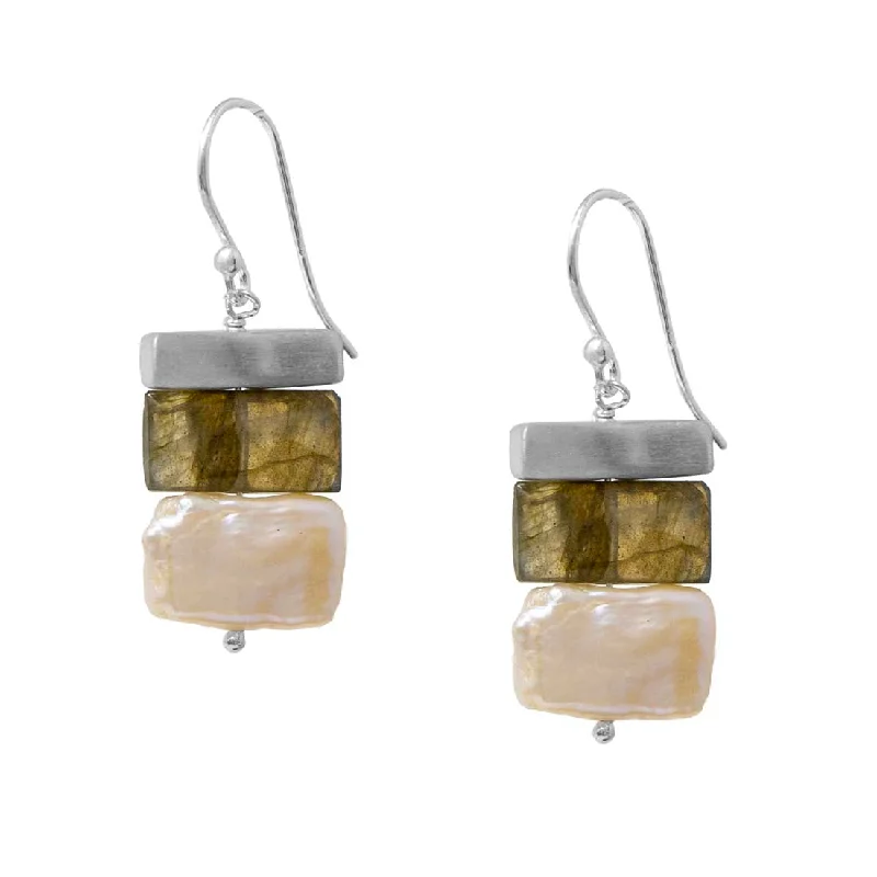 Leverback Drop Earrings for Comfort -Triple Stacked Pearl and Labradorite Earrings